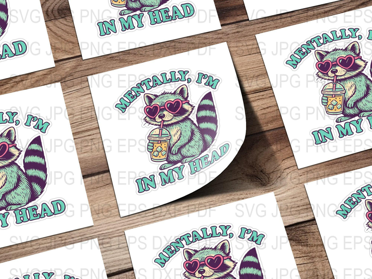 Cute Raccoon Sticker, Mentally I'm In My Head, Coffee Lover Gift, Vinyl Decal