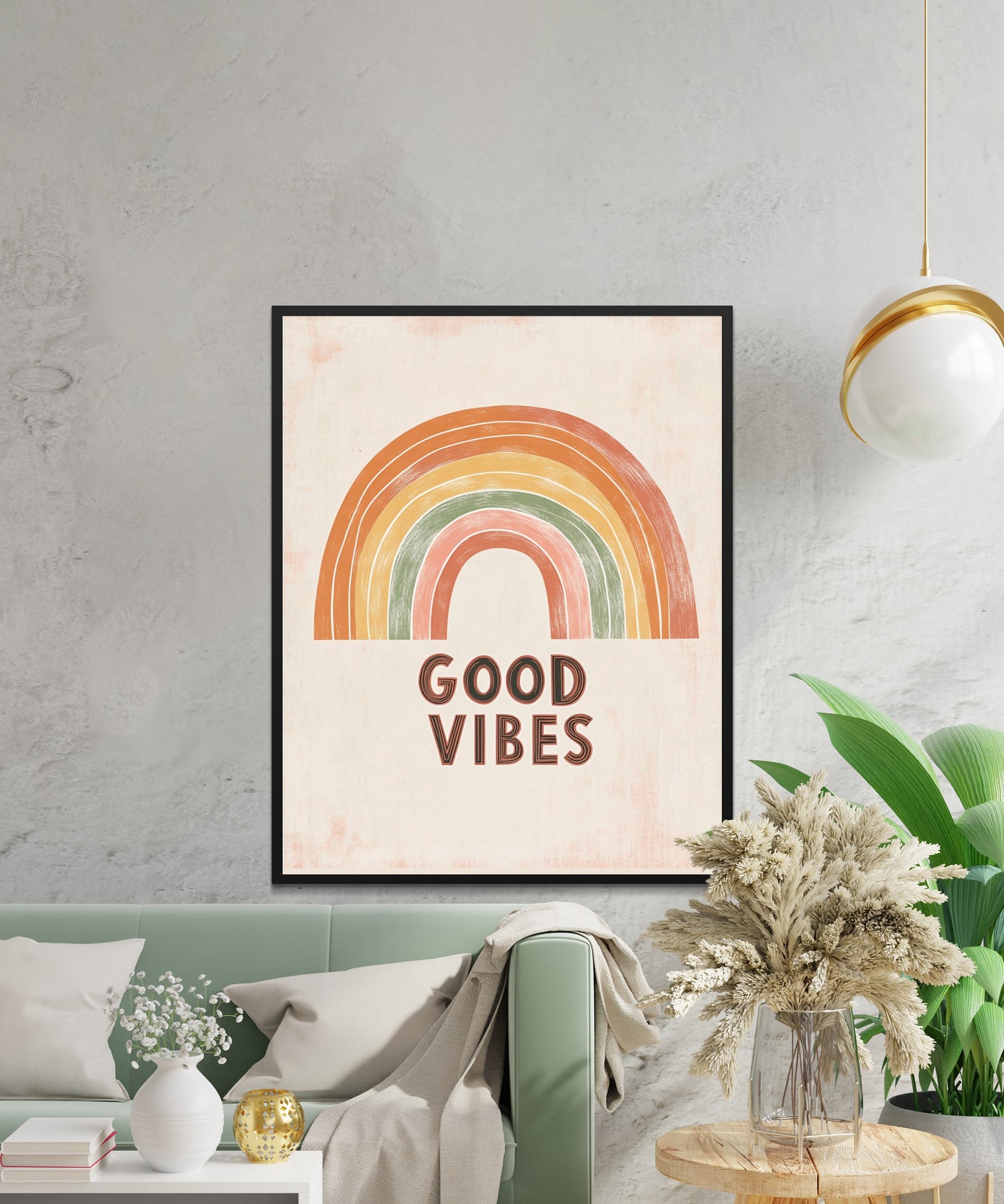 Boho Rainbow Wall Art Poster, 'Good Vibes' Text, Earth Tone Decor, Minimalist Living Room Print, Modern Home Aesthetic