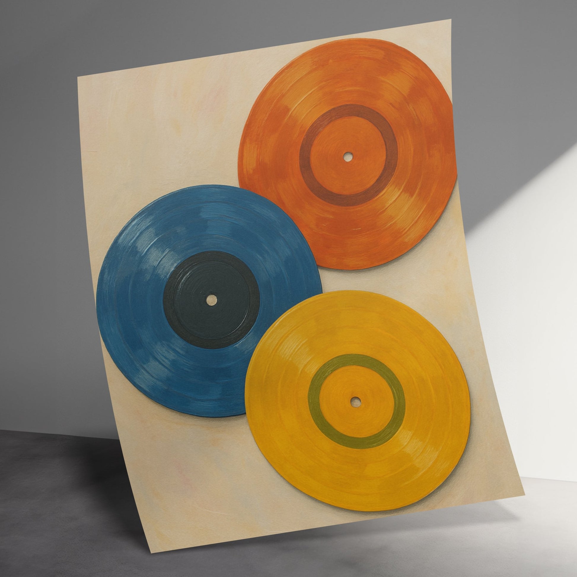 Abstract Vinyl Record Art Print, Modern Music Wall Decor, Blue Orange Yellow Canvas