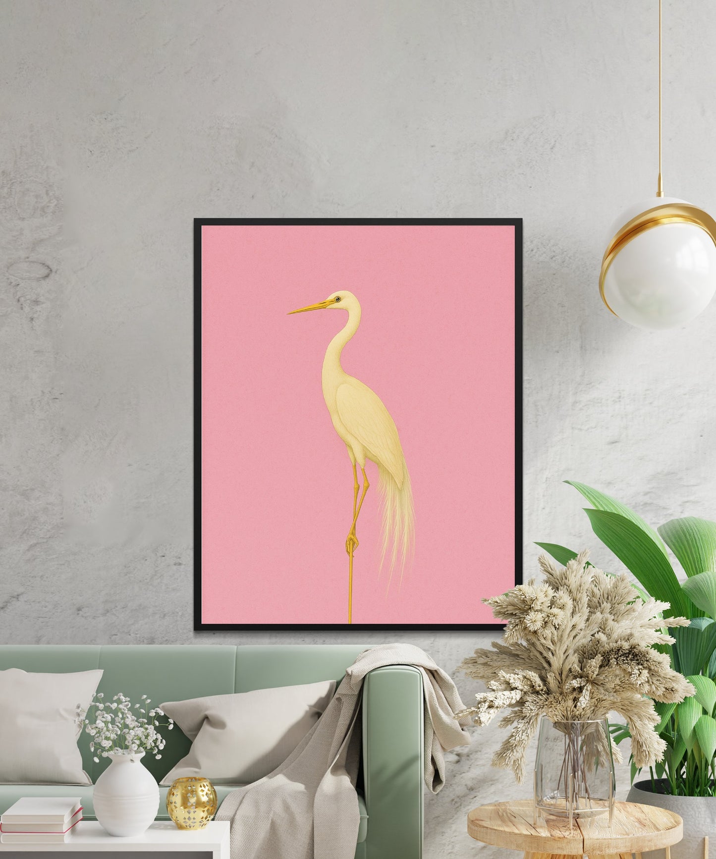 Elegant Heron Wall Art, Minimalist Bird Print, Modern Home Decor, Pink and Gold Living Room Artwork