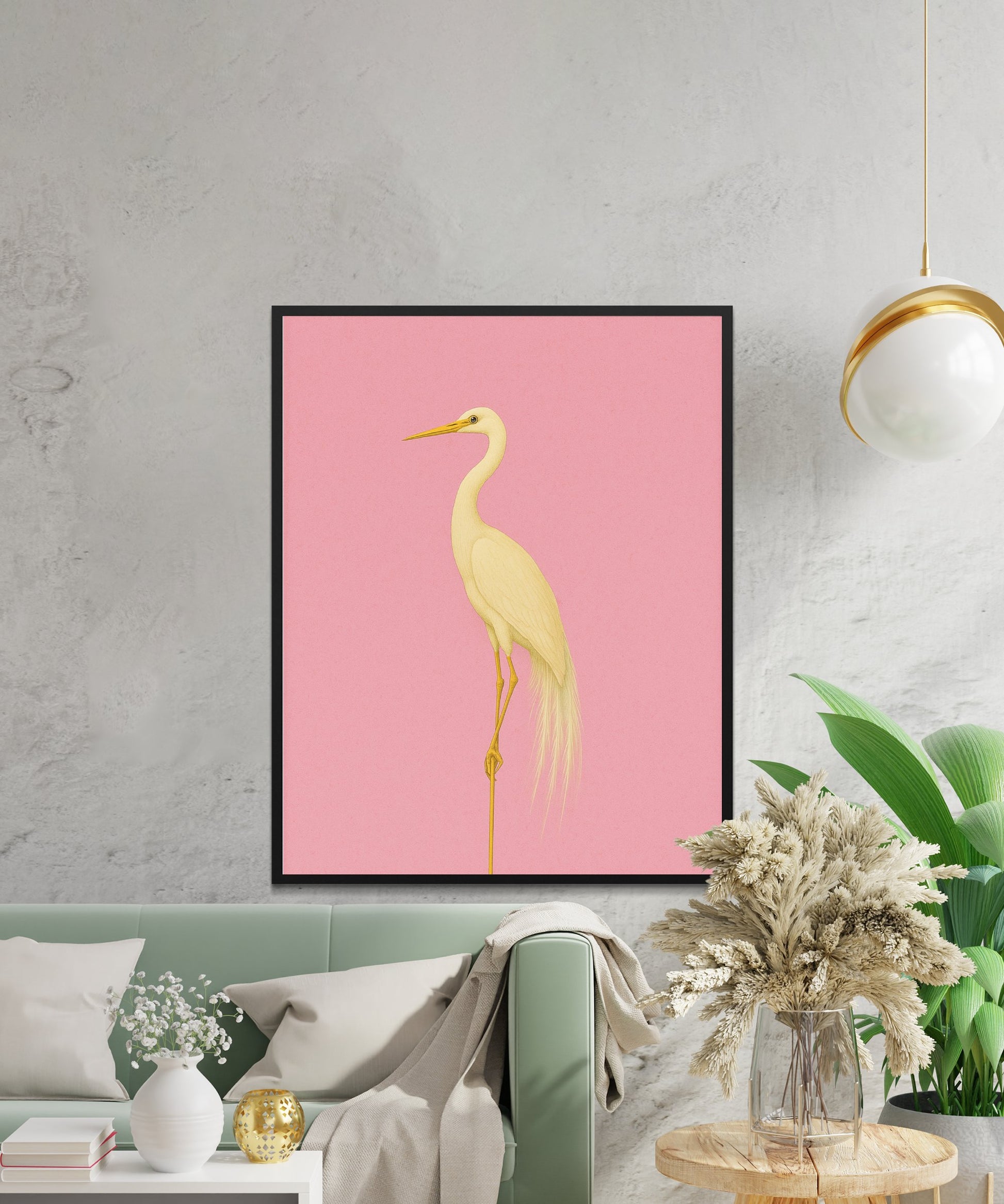 Elegant Heron Wall Art, Minimalist Bird Print, Modern Home Decor, Pink and Gold Living Room Artwork