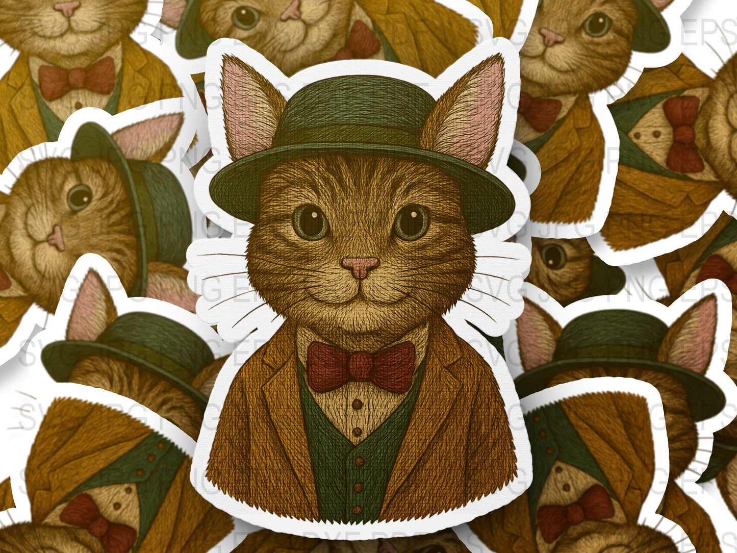 Vintage Cat Sticker, Gentleman Cat with Hat and Bow Tie, Animal Decal, Cute Kitty Label, Retro Style Cat Illustration, Unique Pet Decor