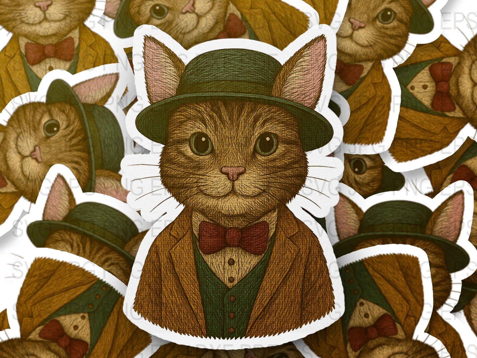 Vintage Cat Sticker, Gentleman Cat with Hat and Bow Tie, Animal Decal, Cute Kitty Label, Retro Style Cat Illustration, Unique Pet Decor