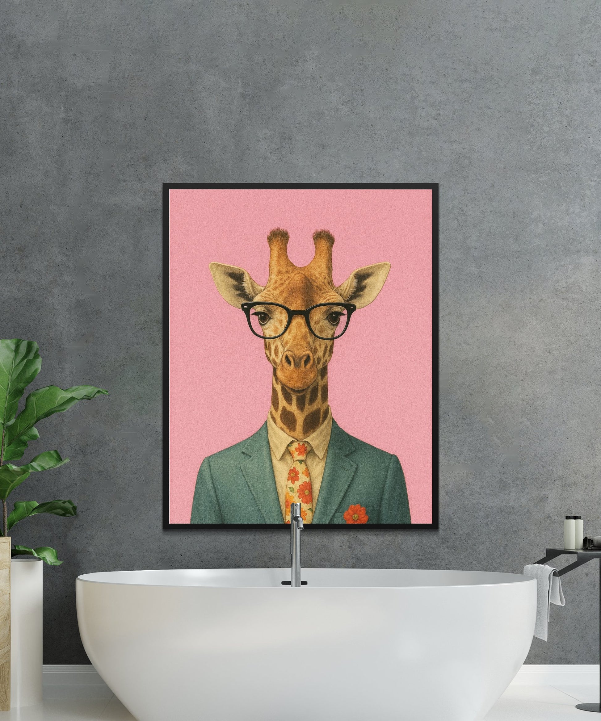 Quirky Giraffe in Suit Art Print, Colorful Bathroom Wall Decor, Unique Animal Illustration, Whimsical Home Decor, Stylish Poster