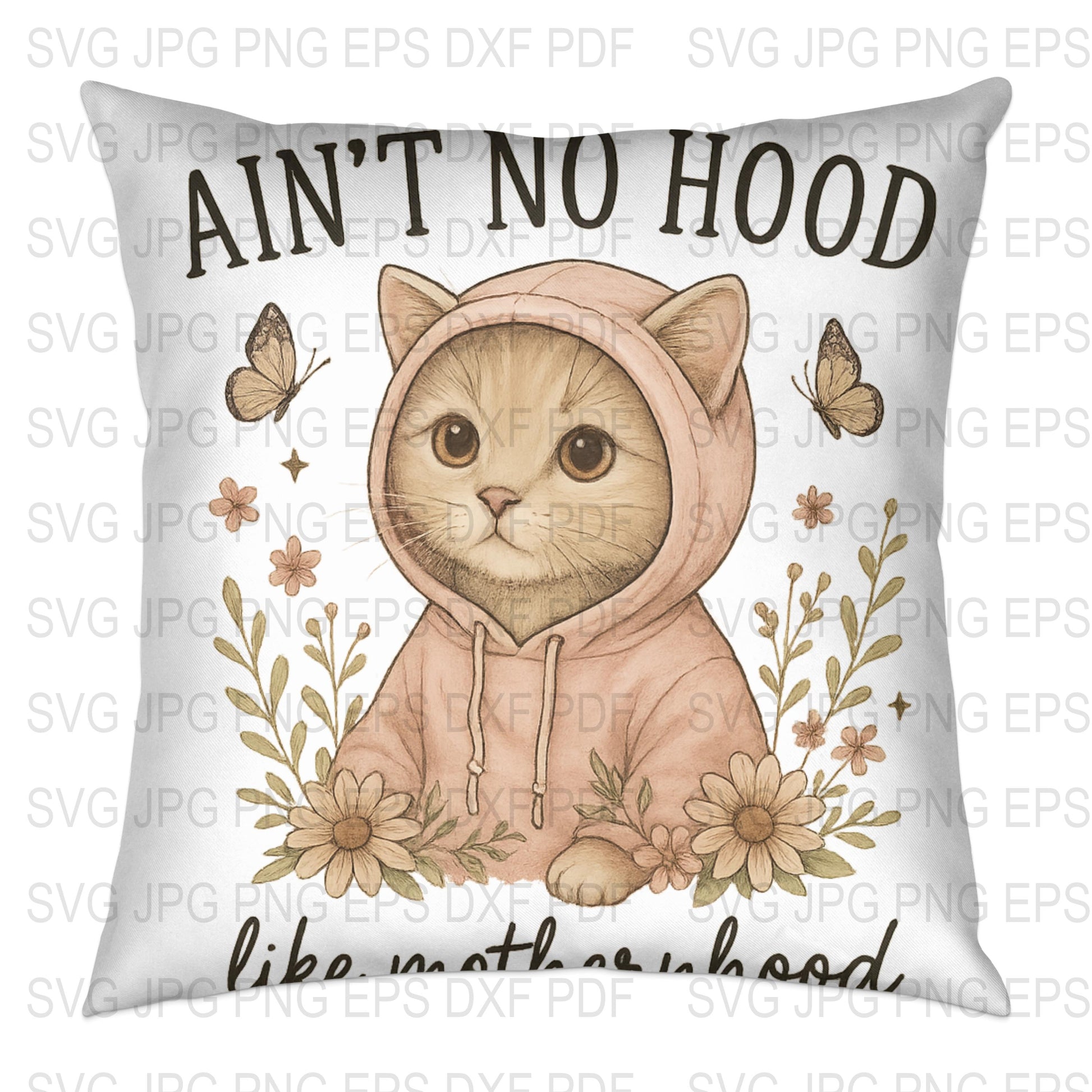 Cute Cat Pillow Cover, Ain't No Hood Like Motherhood, Floral Hoodie Cat Cushion, Home Decor Gift