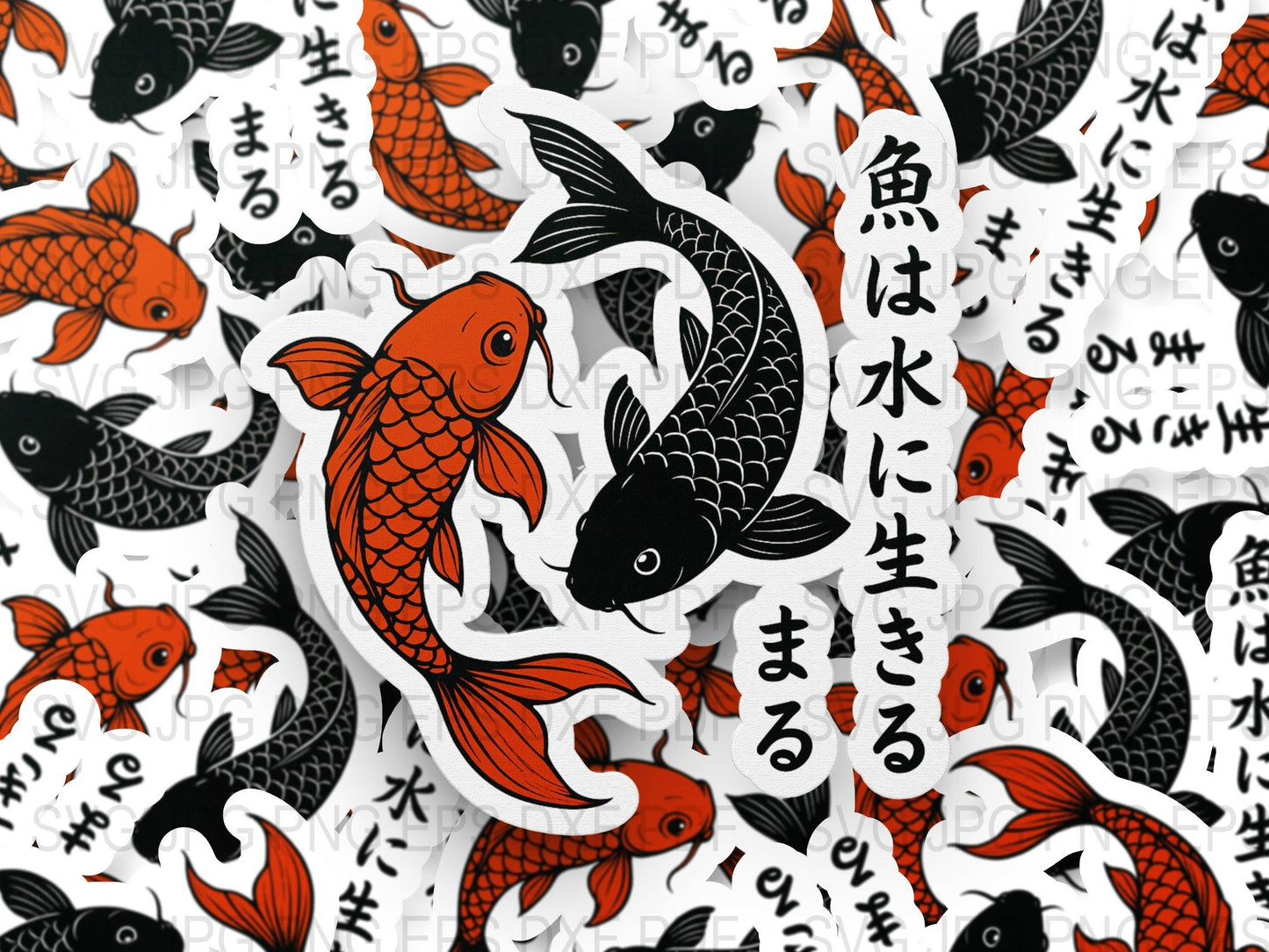 Japanese Koi Fish Pattern Wallpaper, Traditional Asian Style, Black and White with Red Accents, Home Decor Wall Art
