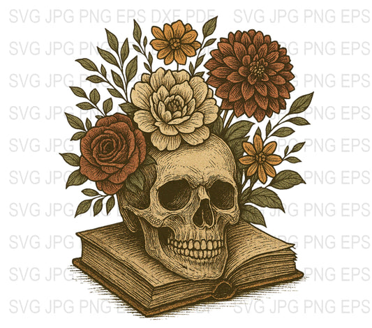 Skull and Flowers Art Print, Vintage Gothic Decor, Floral Skull Illustration, Botanical Downloadable Files SVG, JPG, PNG, EPS