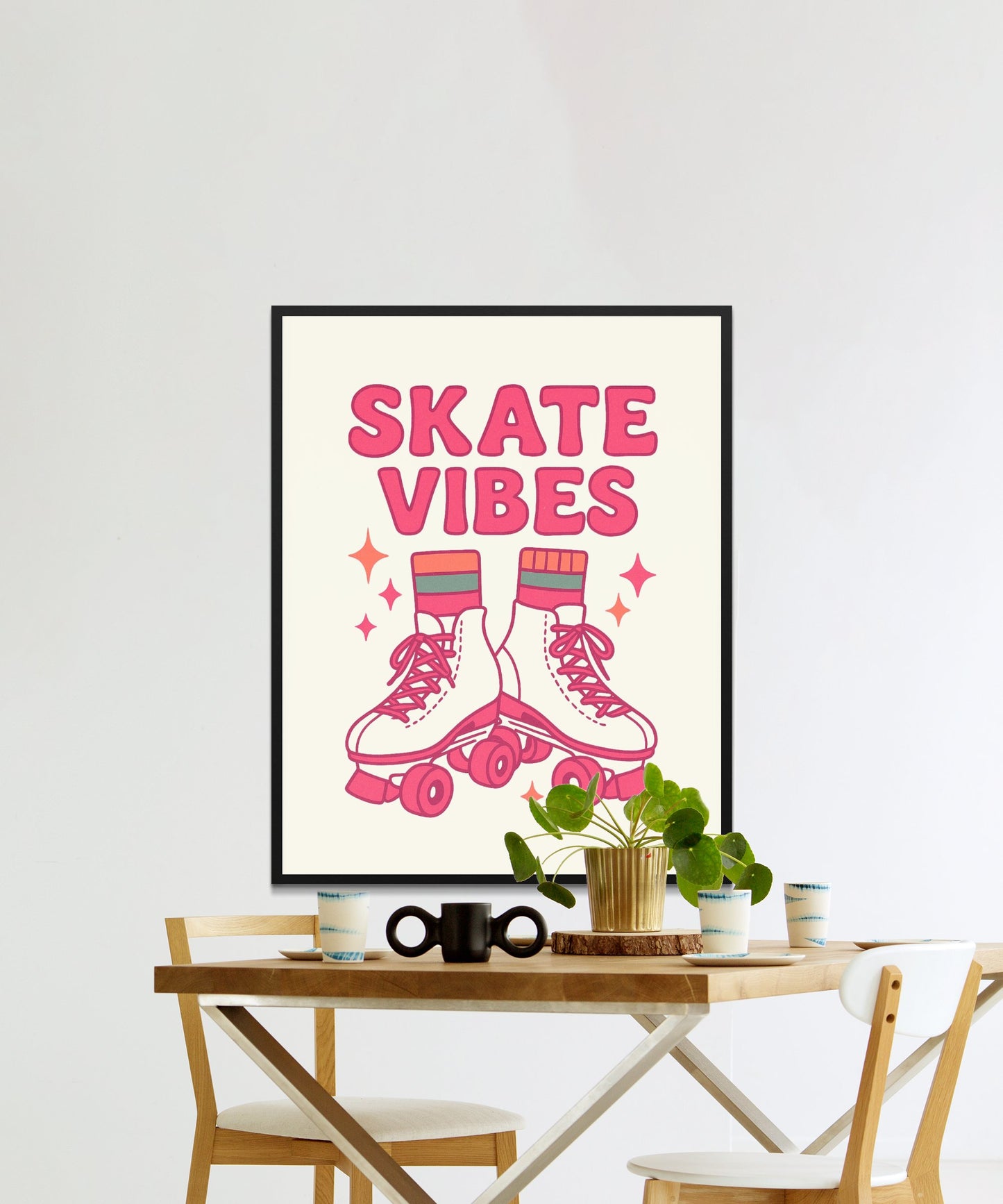 Skate Vibes Poster, Retro Roller Skates Print, Pink Wall Art, Home Decor, Skateboard Lover Gift, Modern Teen Room Decoration