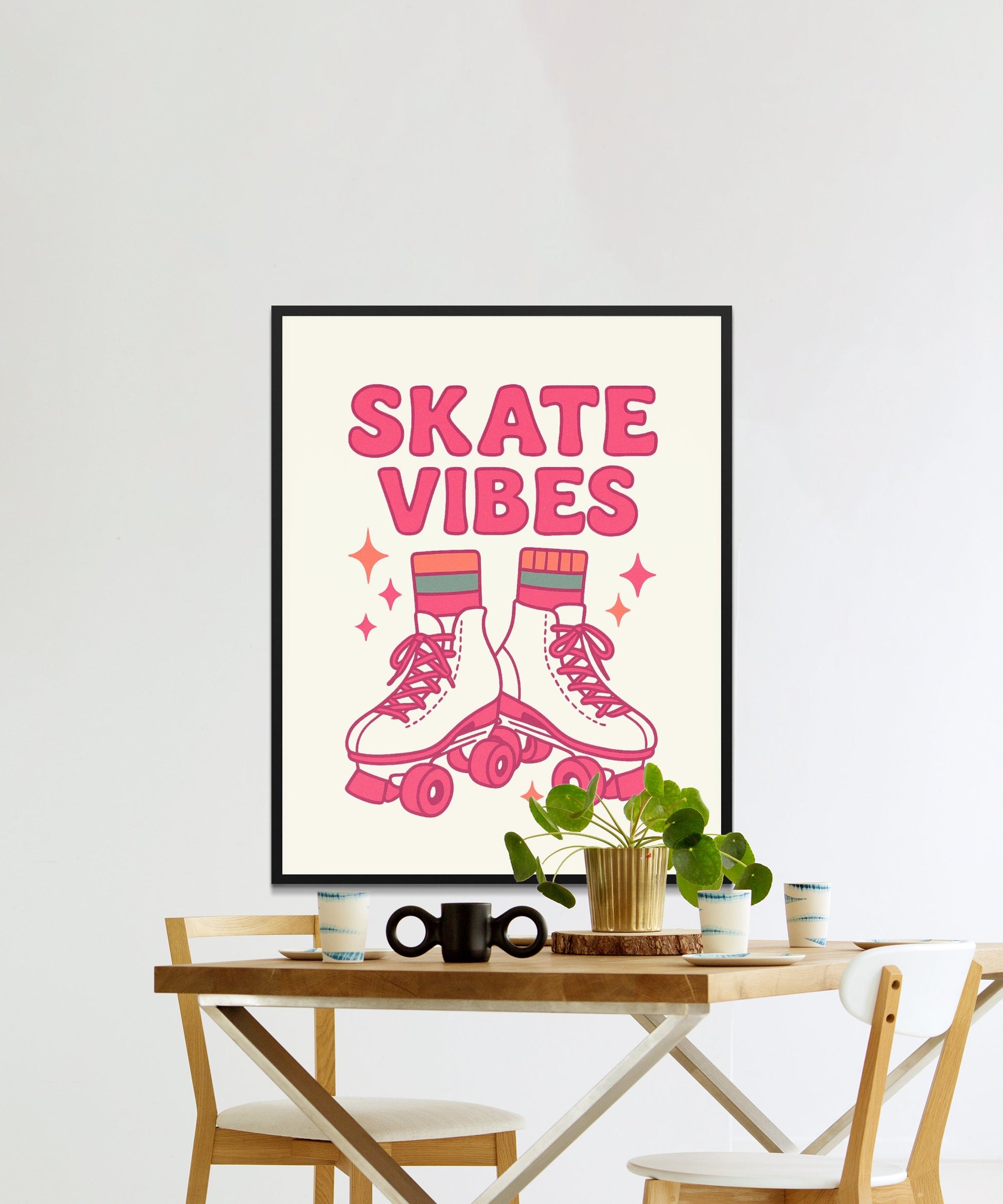 Skate Vibes Poster, Retro Roller Skates Print, Pink Wall Art, Home Decor, Skateboard Lover Gift, Modern Teen Room Decoration
