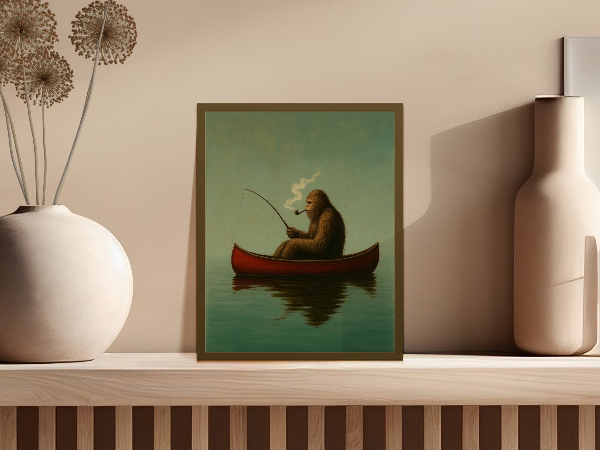 Surreal Art Print, Lion Fishing in Boat, Vintage Style Wall Decor, Aesthetic Room Decoration, Unique Wildlife Poster, Home Artwork