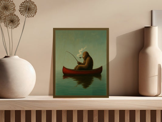 Surreal Art Print, Lion Fishing in Boat, Vintage Style Wall Decor, Aesthetic Room Decoration, Unique Wildlife Poster, Home Artwork