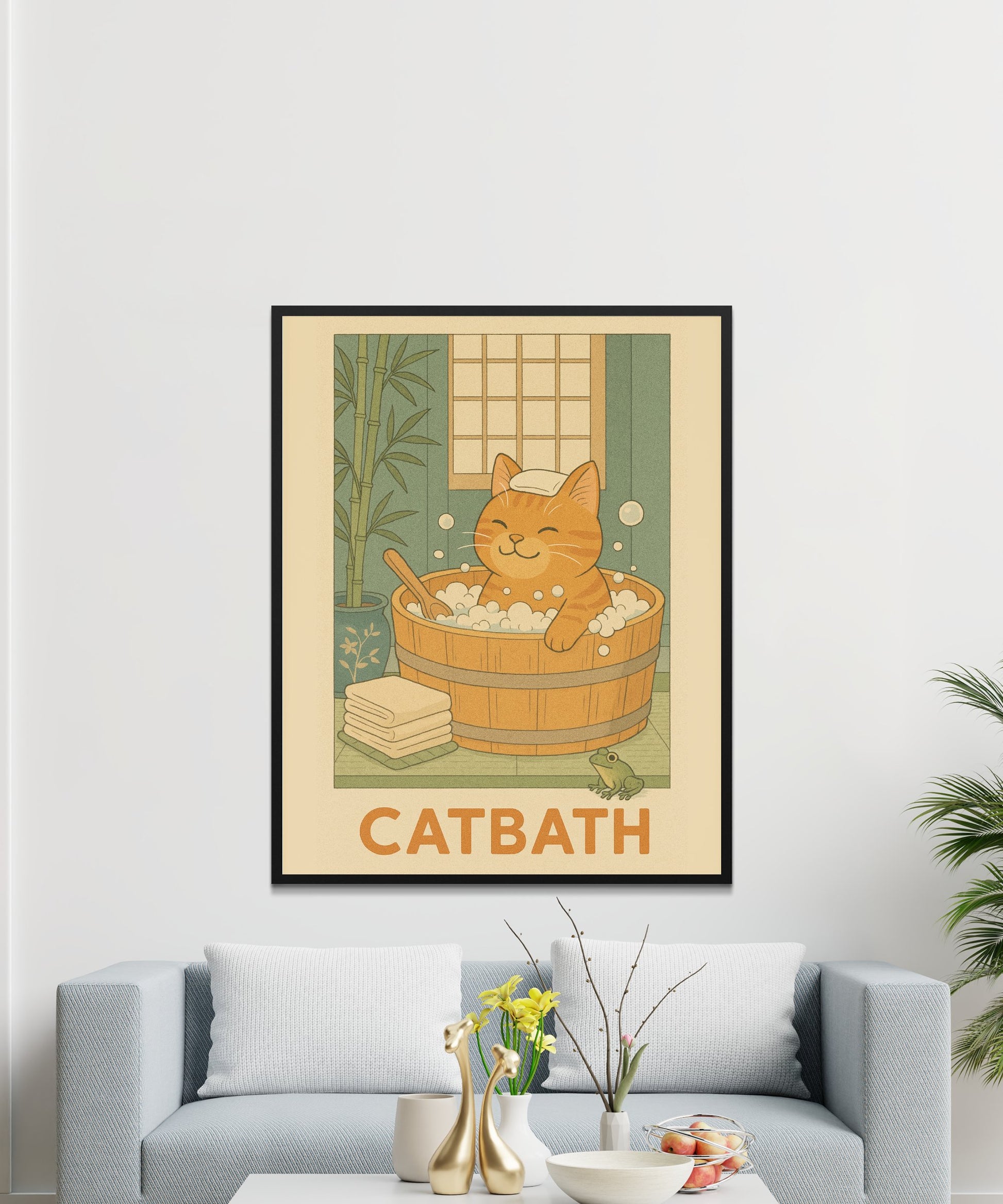 Cat Bath Art Print, Cute Kitten in Tub Wall Decor, Vintage Style Cat Poster, Nursery Room Decoration, Pet Lover Gift Idea