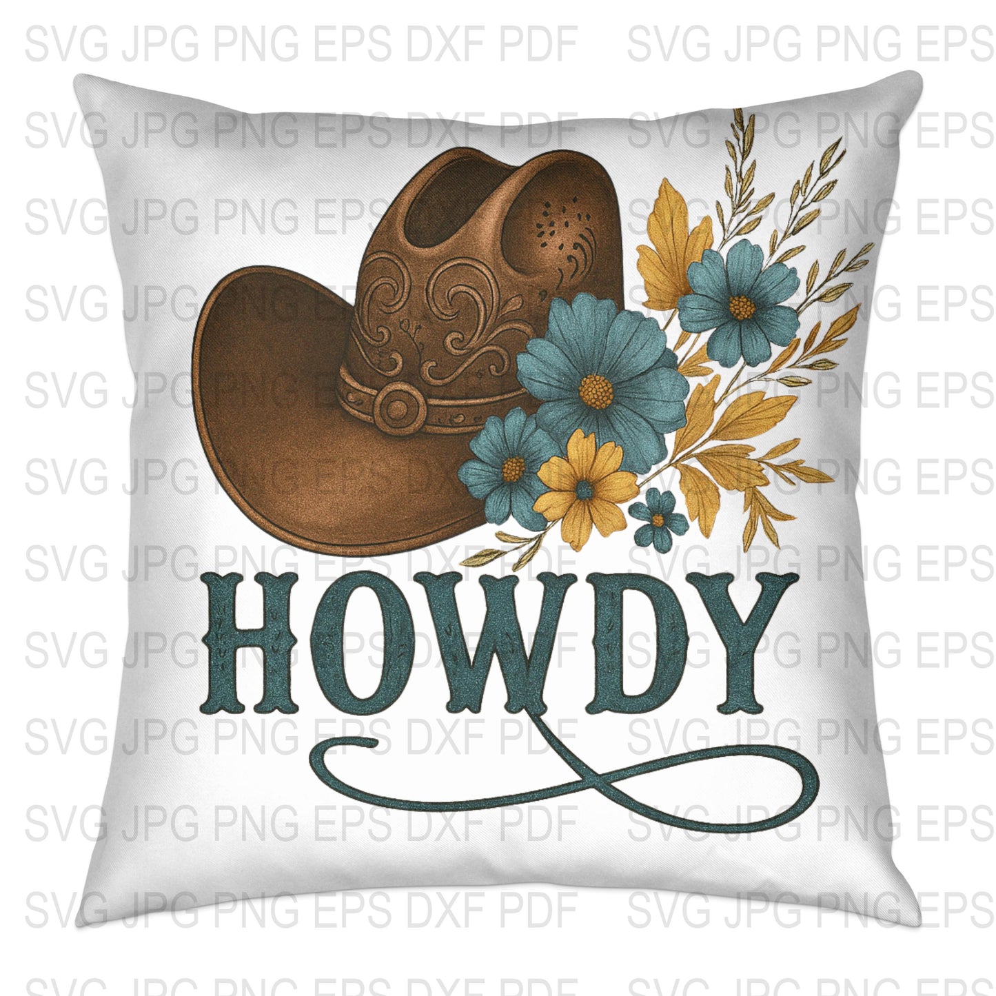 Rustic Cowboy Hat Howdy Throw Pillow Cover, Western Home Decor, Floral Accent, Country Style Cushion, Farmhouse Living Room Accessory