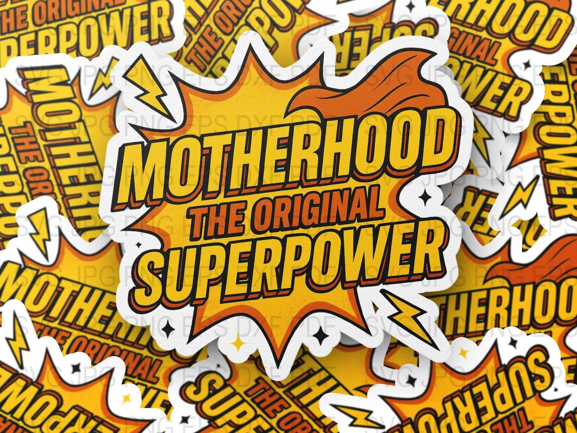 Motherhood Superpower Sticker, Bold Yellow and Orange, Inspirational Mom Gift, Bulk Stickers Pack for Laptops and Water Bottles