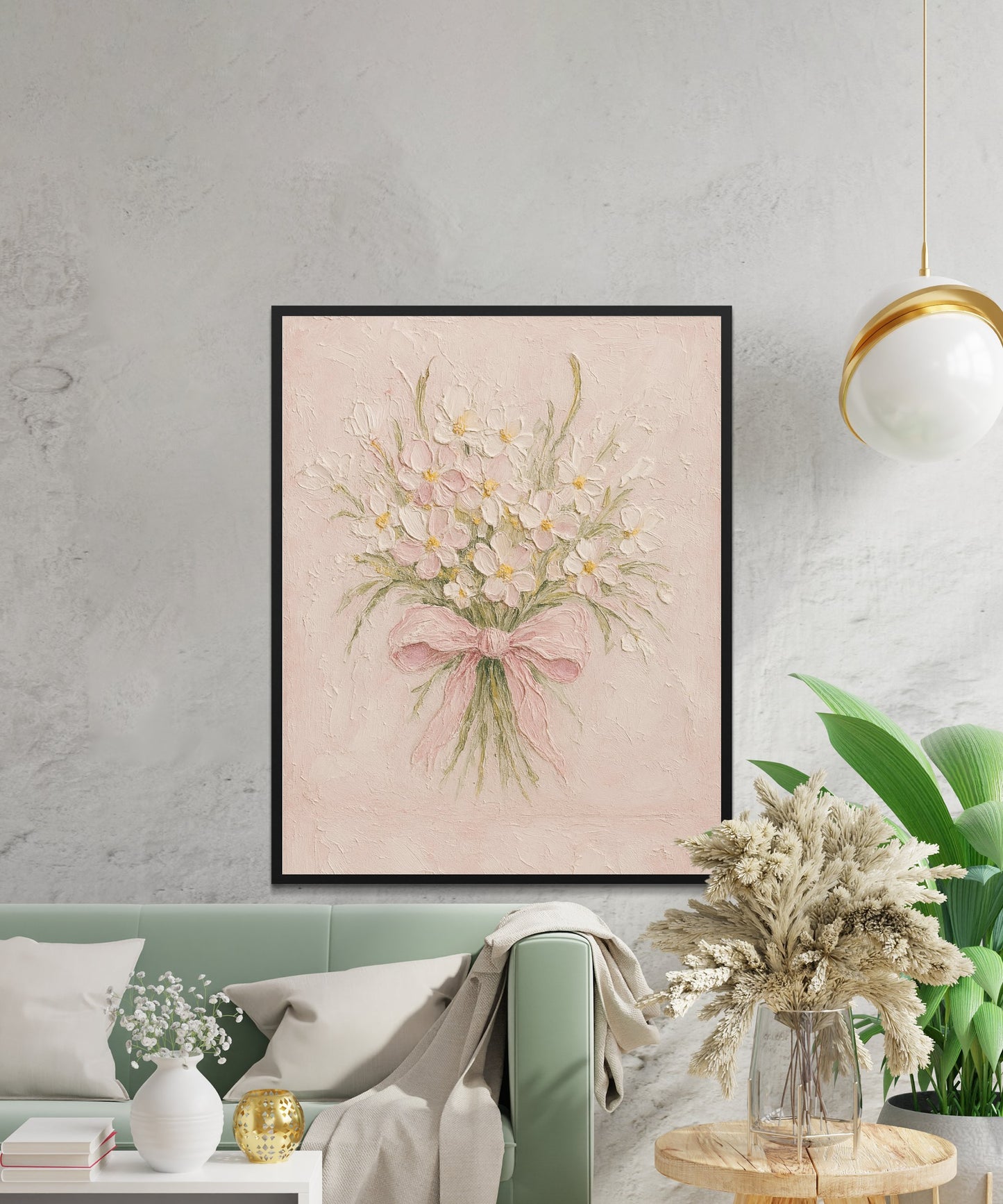 Vintage Floral Bouquet Art Print, Pink Blossoms Wall Decor, Shabby Chic Living Room, Elegant Home Decoration, Framed Flower Painting