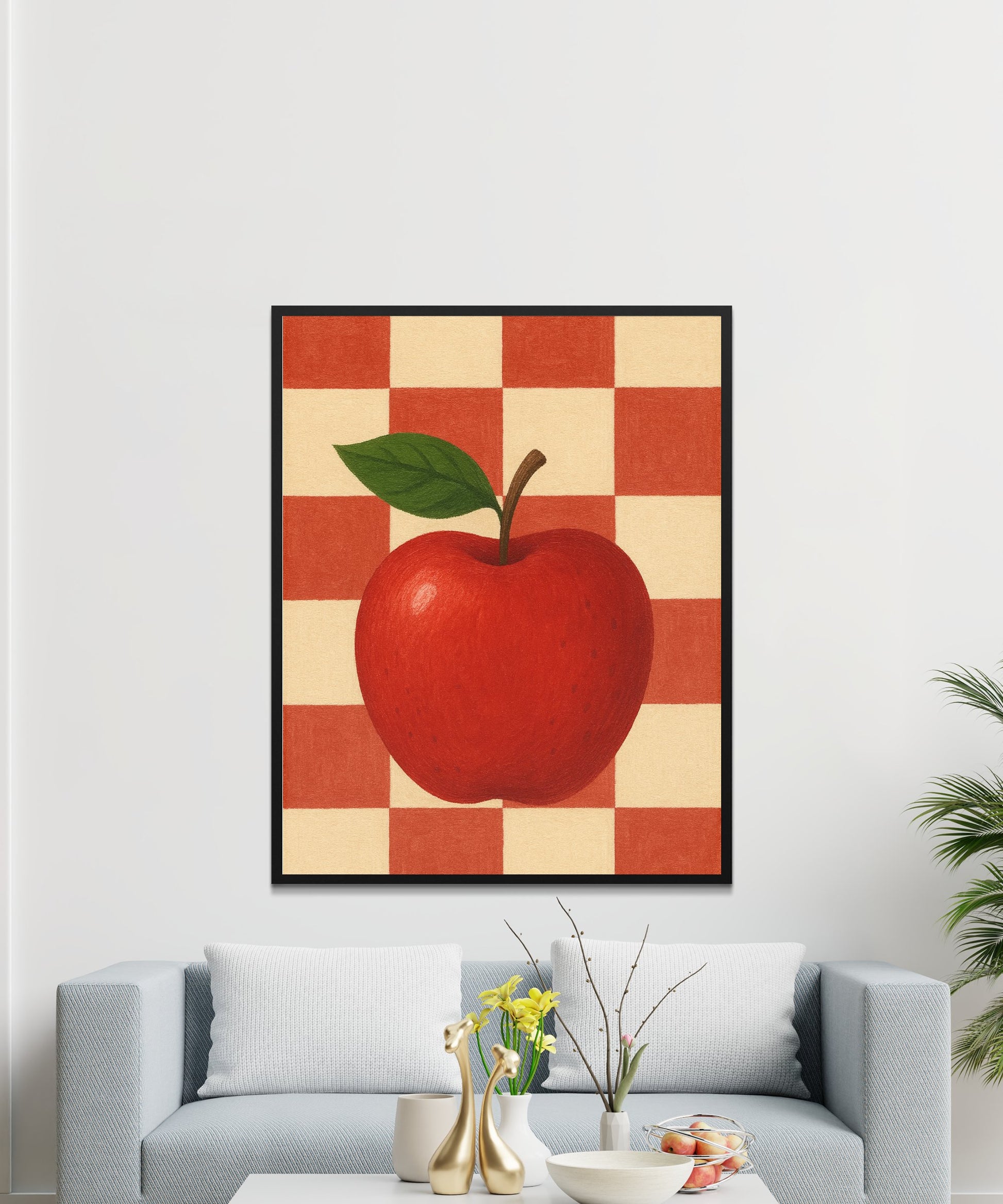 Large Red Apple Wall Art, Kitchen Decor, Vintage Fruit Poster, Dining Room Canvas Print, Modern Home Decoration, Checkered Background