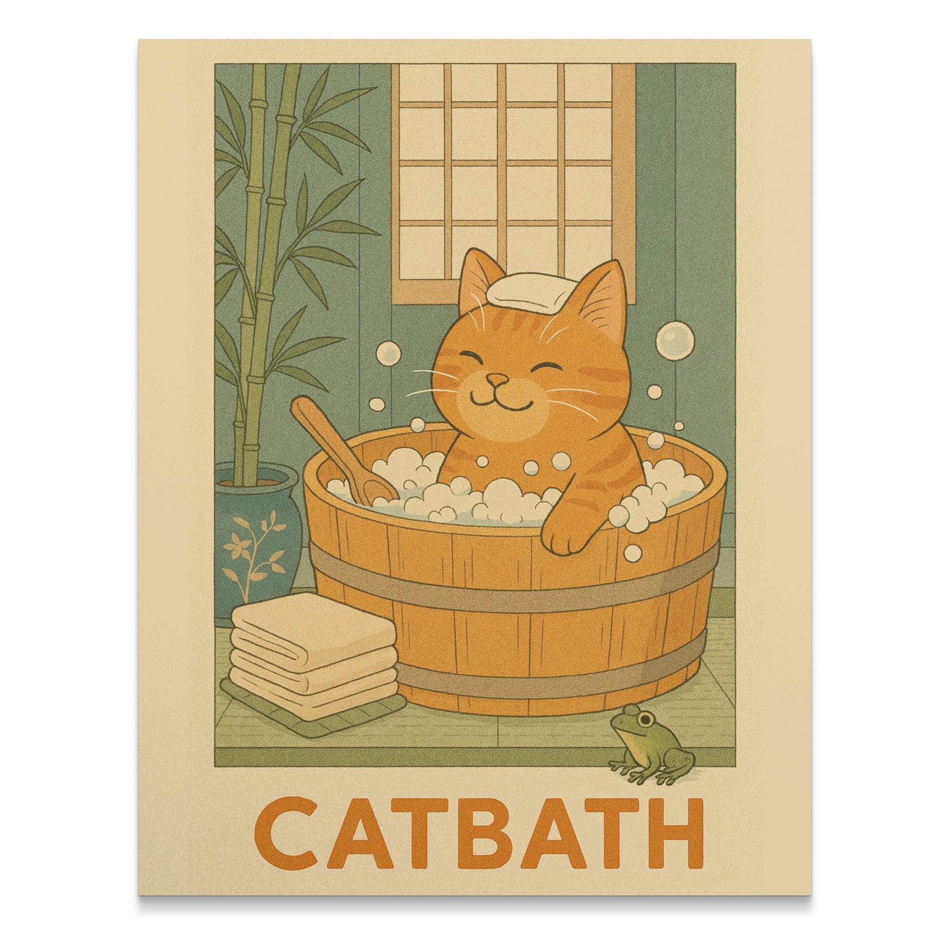 Cute Cat Bath Art Print, Vintage Style Cat in Bathtub, Japanese Inspired Poster, Home Decor Wall Art