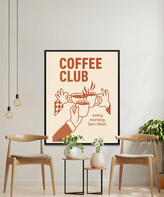 Vintage Coffee Club Morning Poster, Retro Kitchen Wall Art, Mid Century Modern Decor, Cafe Style Print