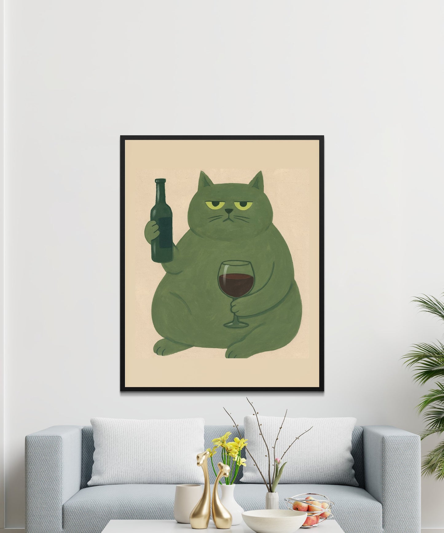 Cat Art Print, Quirky Green Cat with Wine Bottle, Modern Wall Decor, Living Room Large Poster