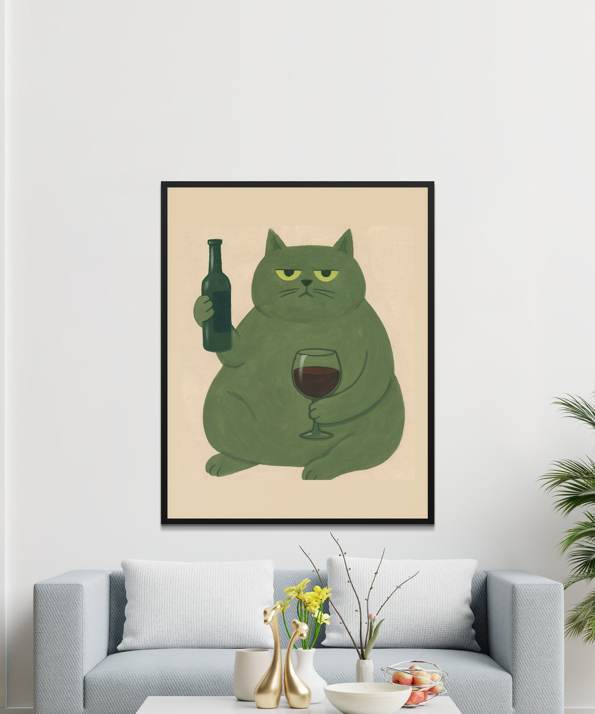 Cat Art Print, Quirky Green Cat with Wine Bottle, Modern Wall Decor, Living Room Large Poster