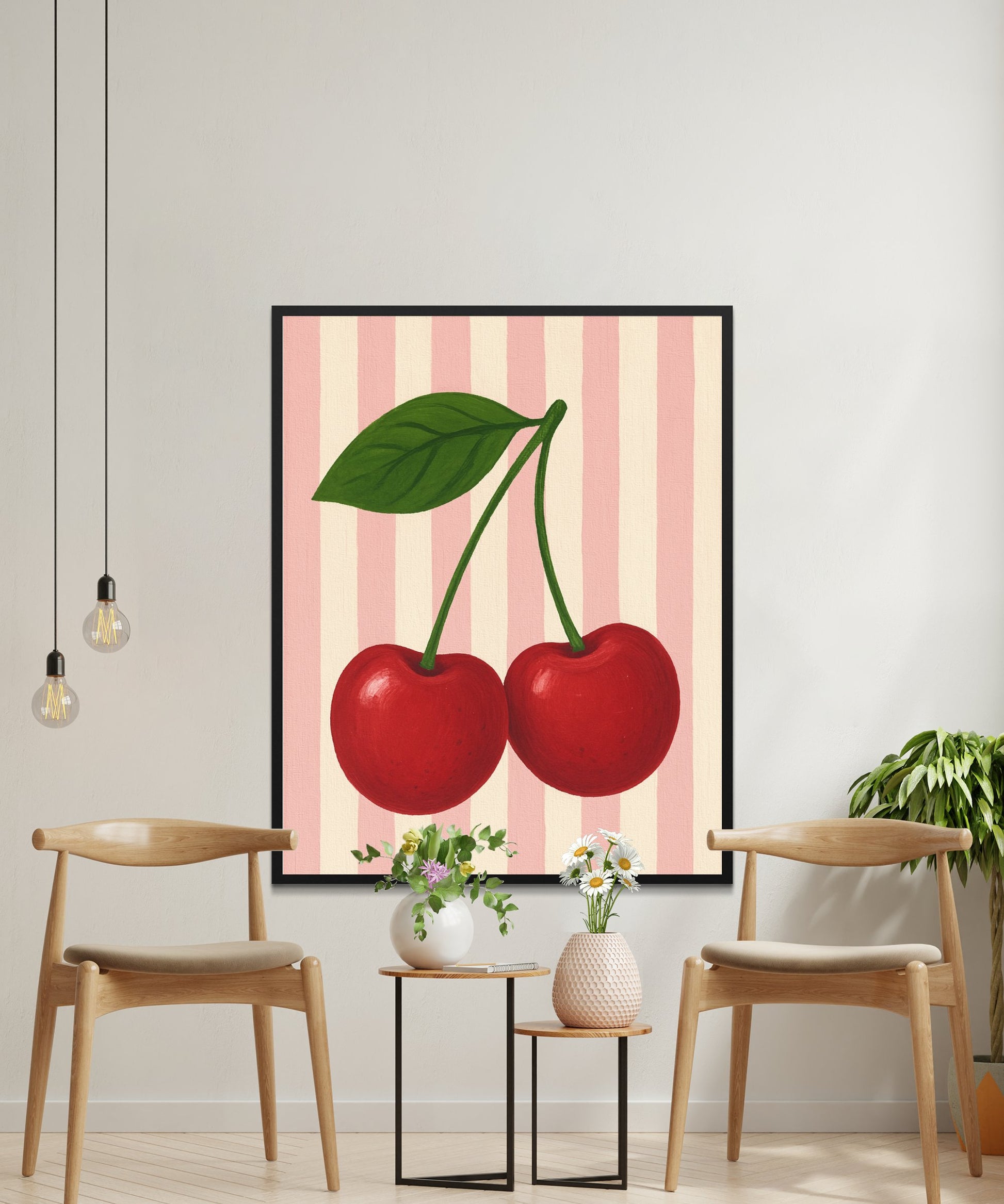 Modern Cherry Art Print, Minimalist Fruit Wall Decor, Vibrant Red Kitchen Artwork, Striped Background Illustration