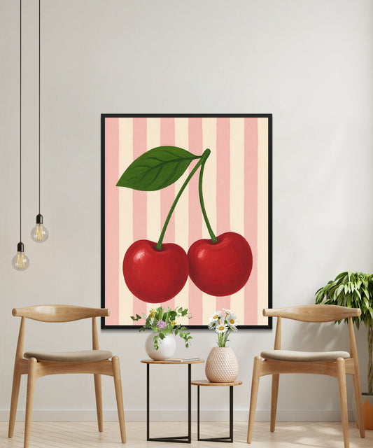 Modern Cherry Art Print, Minimalist Fruit Wall Decor, Vibrant Red Kitchen Artwork, Striped Background Illustration