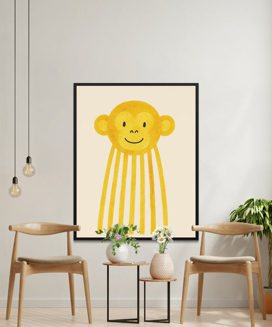 Smiling Yellow Monkey Art Print, Nursery Wall Decor, Cute Animal Poster for Kids Room, Playful Monkey Illustration