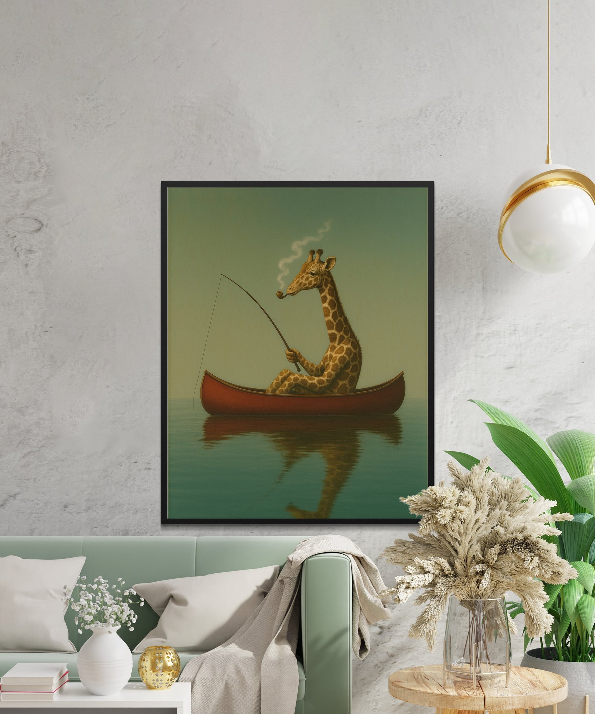 Whimsical Giraffe Fishing in Boat Canvas Print, Surreal Art Poster for Living Room Decor, Unique Wall Art