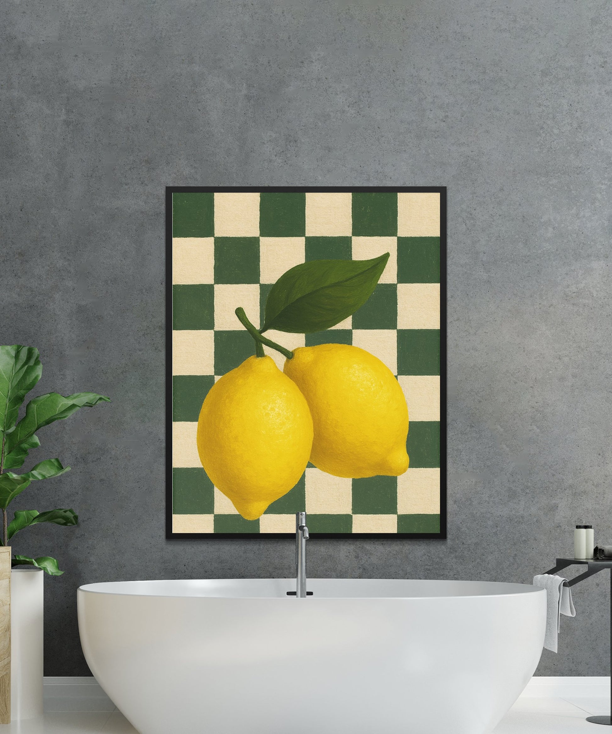 Modern Lemon Art Print, Yellow Citrus Fruit Wall Decor, Kitchen Wall Art, Checkered Background, Contemporary Home Decor