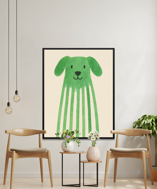 Green Striped Dog Wall Art, Modern Nursery Decor, Cute Animal Print, Kids Room Large Poster