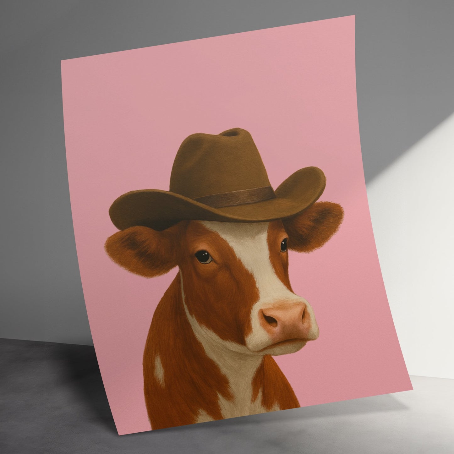 Cowboy Hat Cow Art Print, Farmhouse Decor, Western Style Animal Illustration, Pink Wall Art