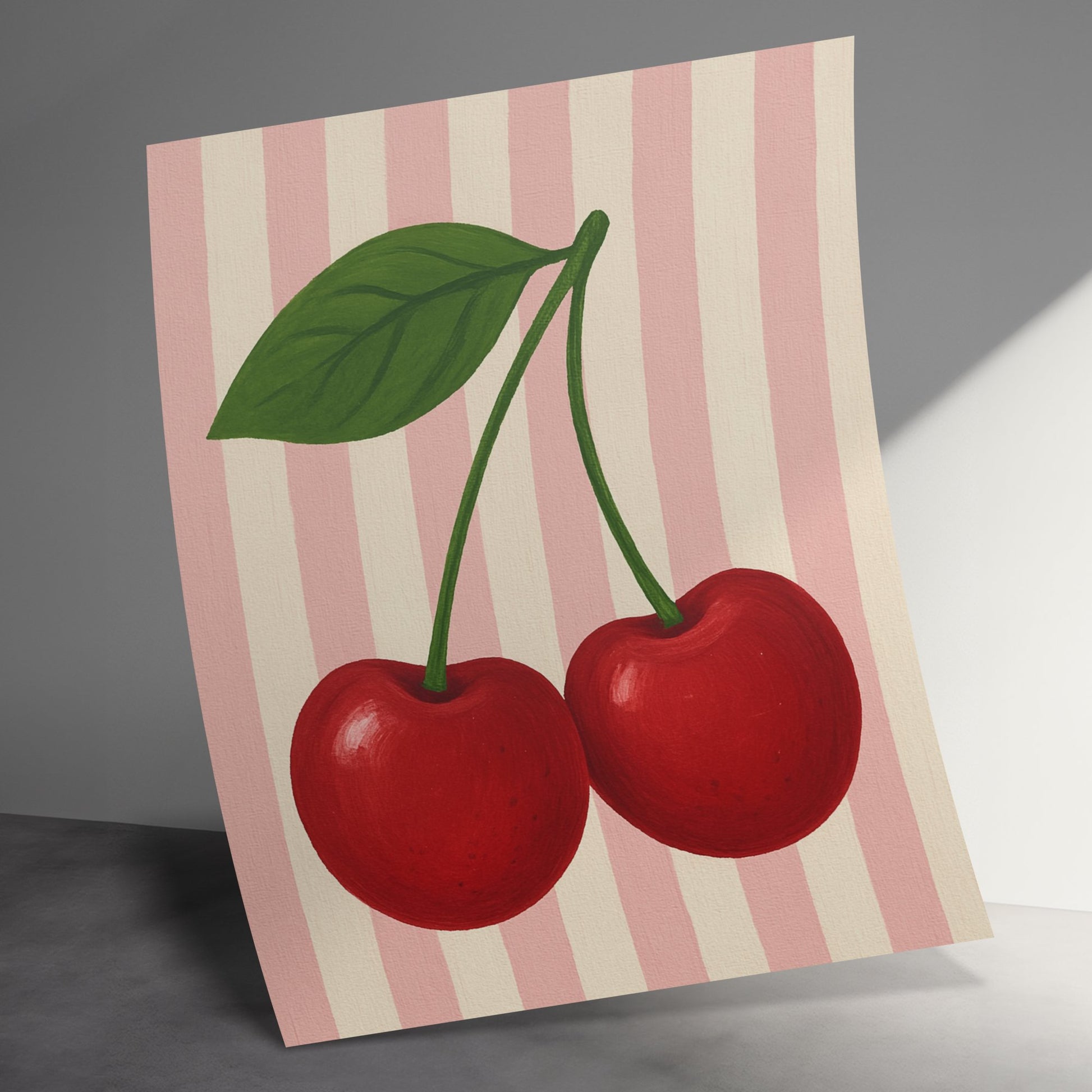 Cherry Art Print, Kitchen Wall Decor, Red Fruit Painting, Modern Striped Background, Botanical Illustration, Home Interior Design