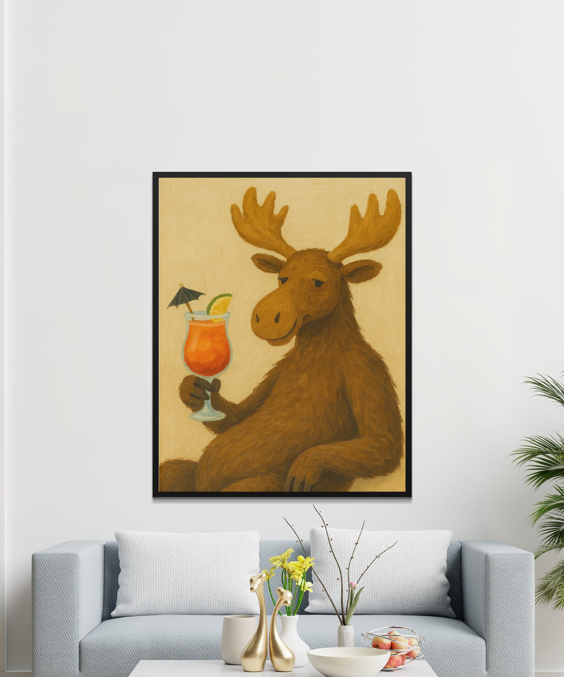 Whimsical Moose Art Print, Moose with Cocktail Wall Art, Vintage Style Animal Painting, Quirky Home Decor, Large Canvas Art for Living Room