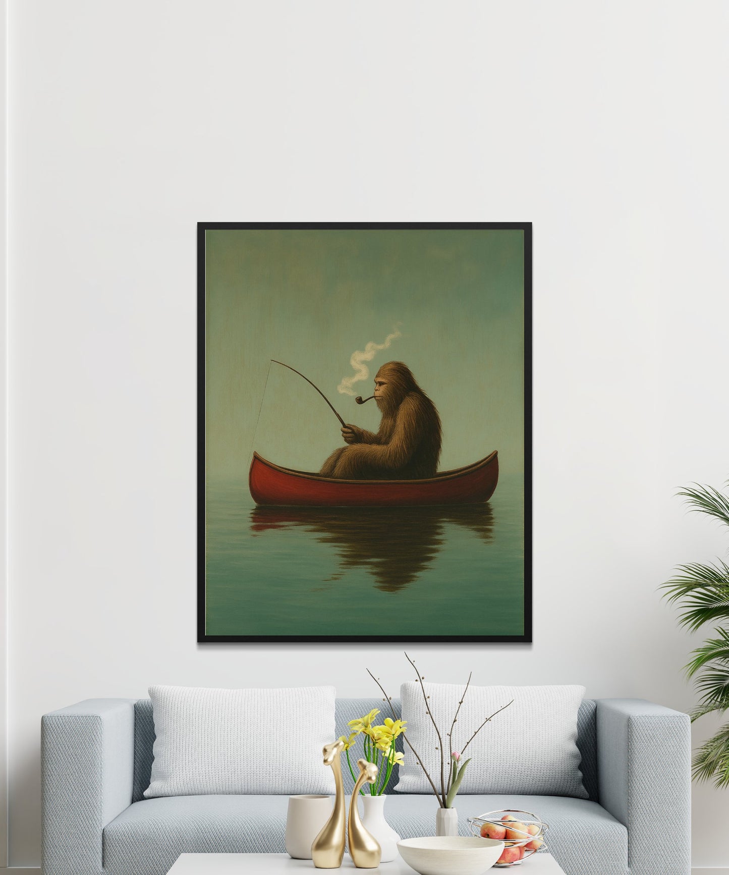 Vintage Sloth Fishing in Boat Art Print, Unique Animal Wall Decor, Calming Lake Scene Poster for Living Room