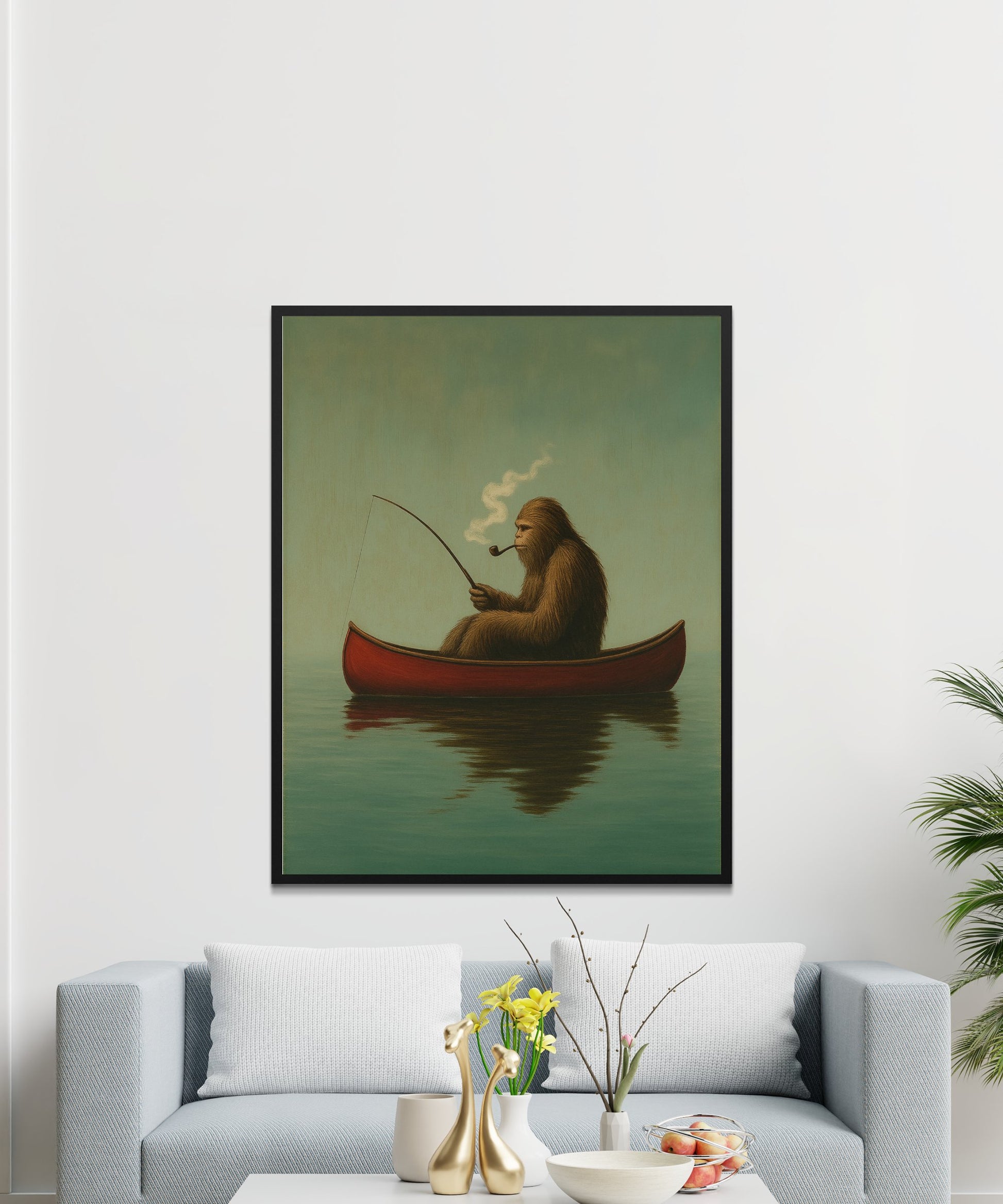 Vintage Sloth Fishing in Boat Art Print, Unique Animal Wall Decor, Calming Lake Scene Poster for Living Room