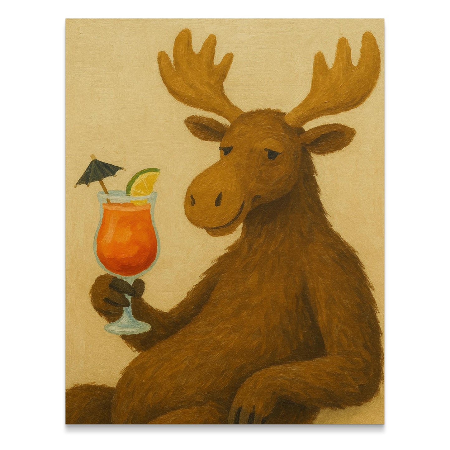 Moose Painting with Cocktail, Whimsical Animal Art, Wall Decor, Rustic Cabin Artwork, Unique Gift Idea for Bar