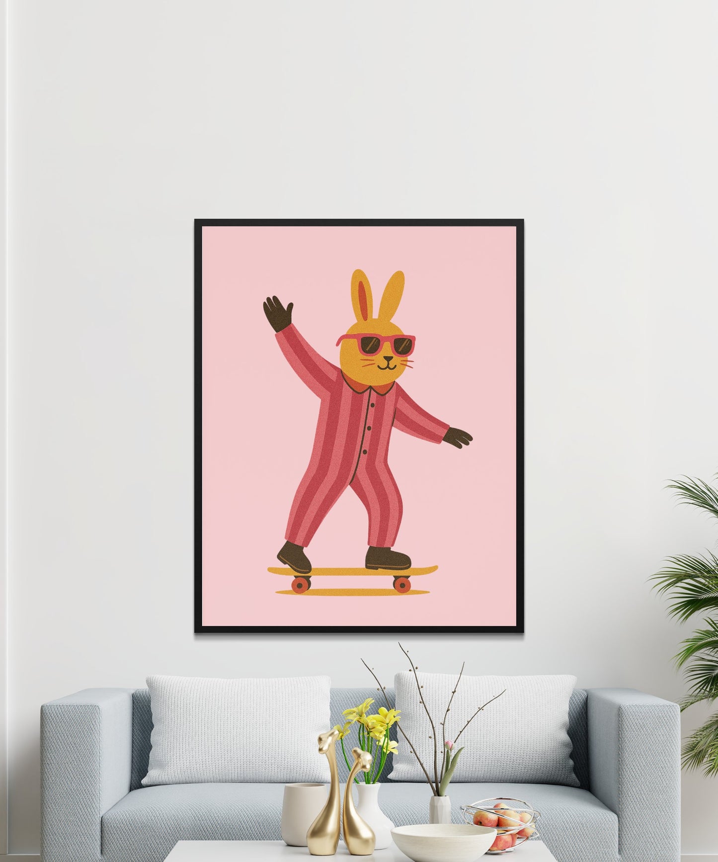 Bunny on Skateboard Art Print, Colorful Fun Rabbit Poster, Kids Room Wall Decor, Unique Nursery Illustration