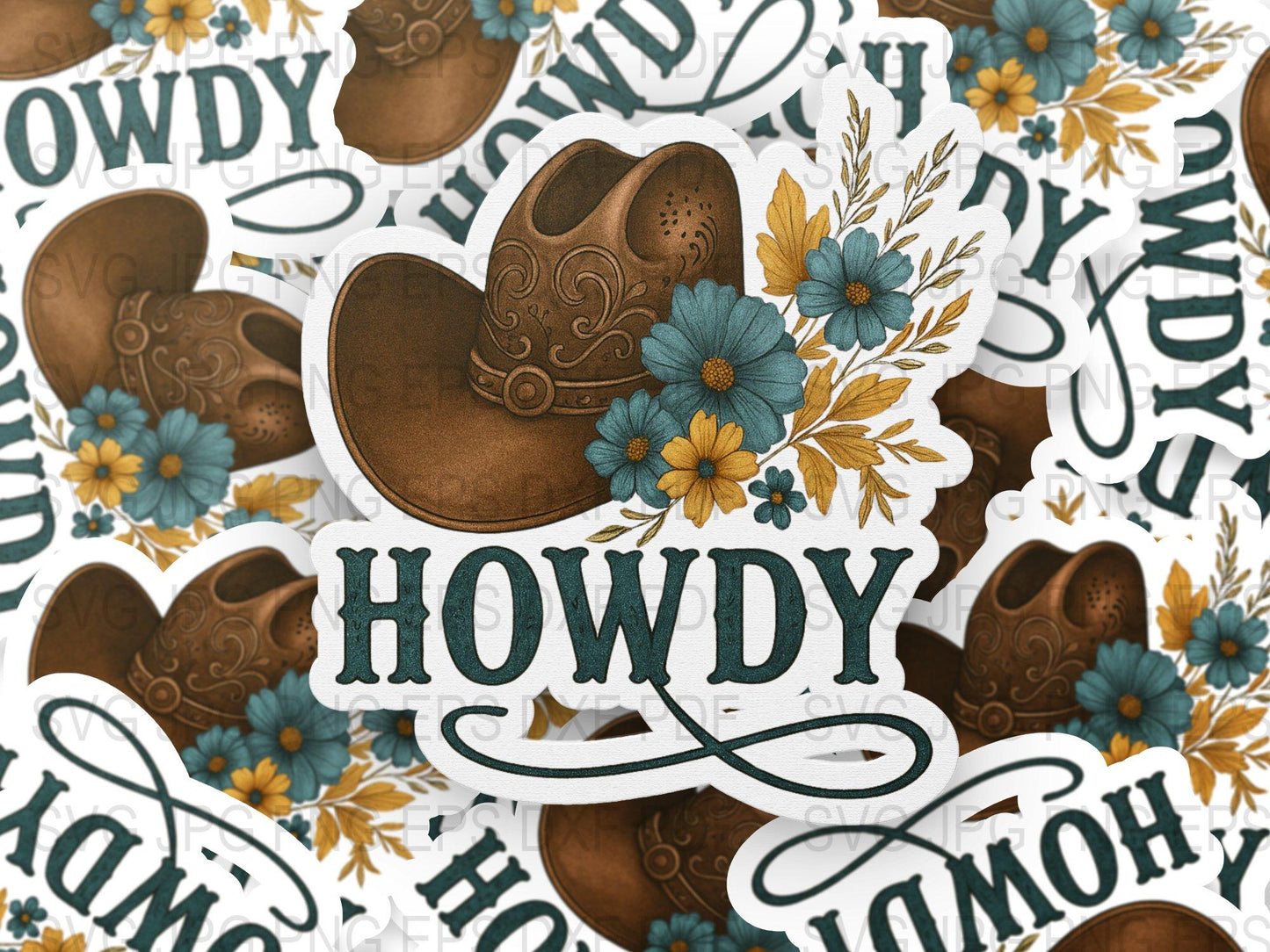 Howdy Western Cowboy Hat and Floral Stickers, Rustic Country Style Decals, Boho Chic Decor Accents