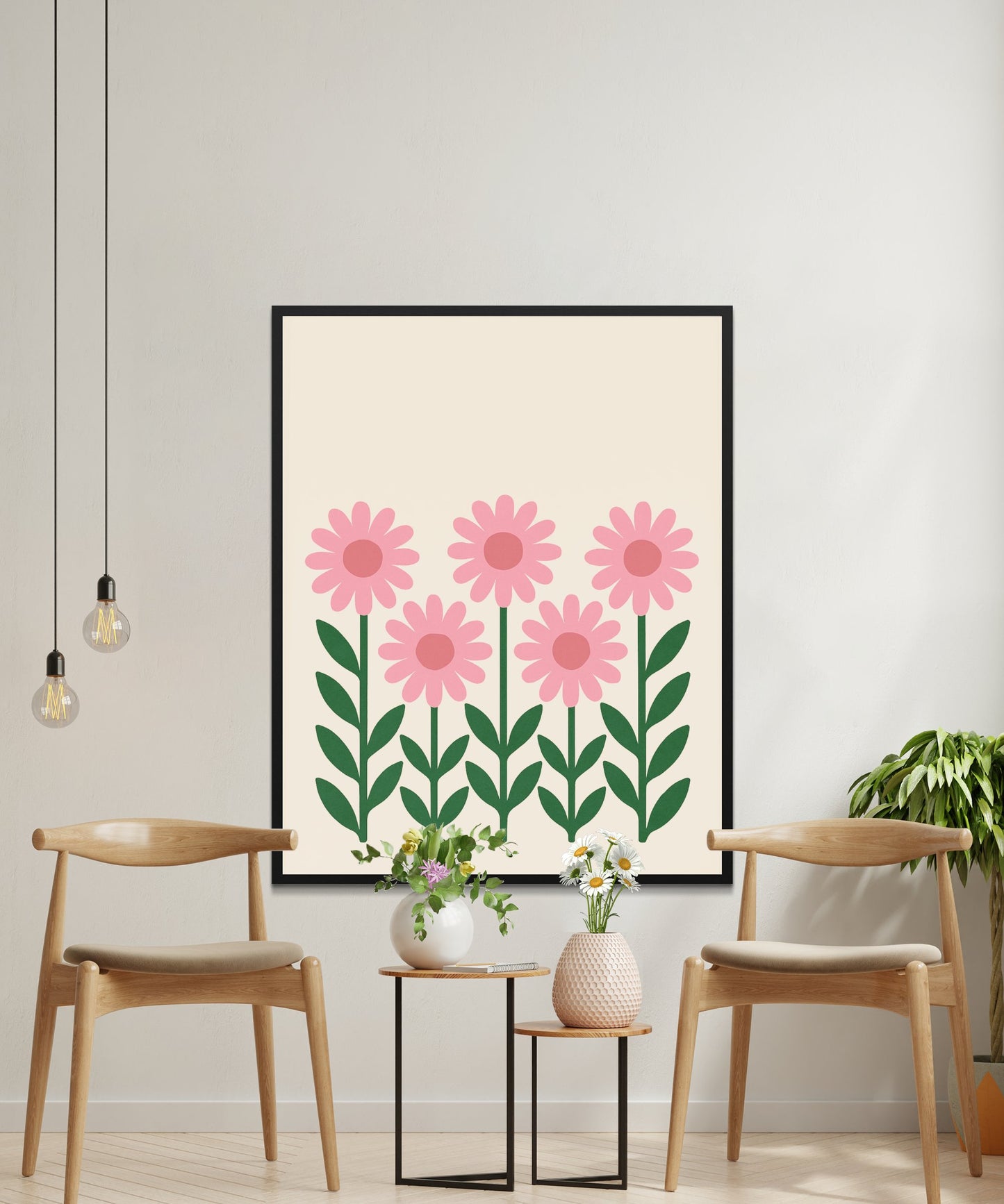 Floral Wall Art Print, Pink Daisy Flowers Poster, Botanical Home Decor, Modern Living Room Illustration