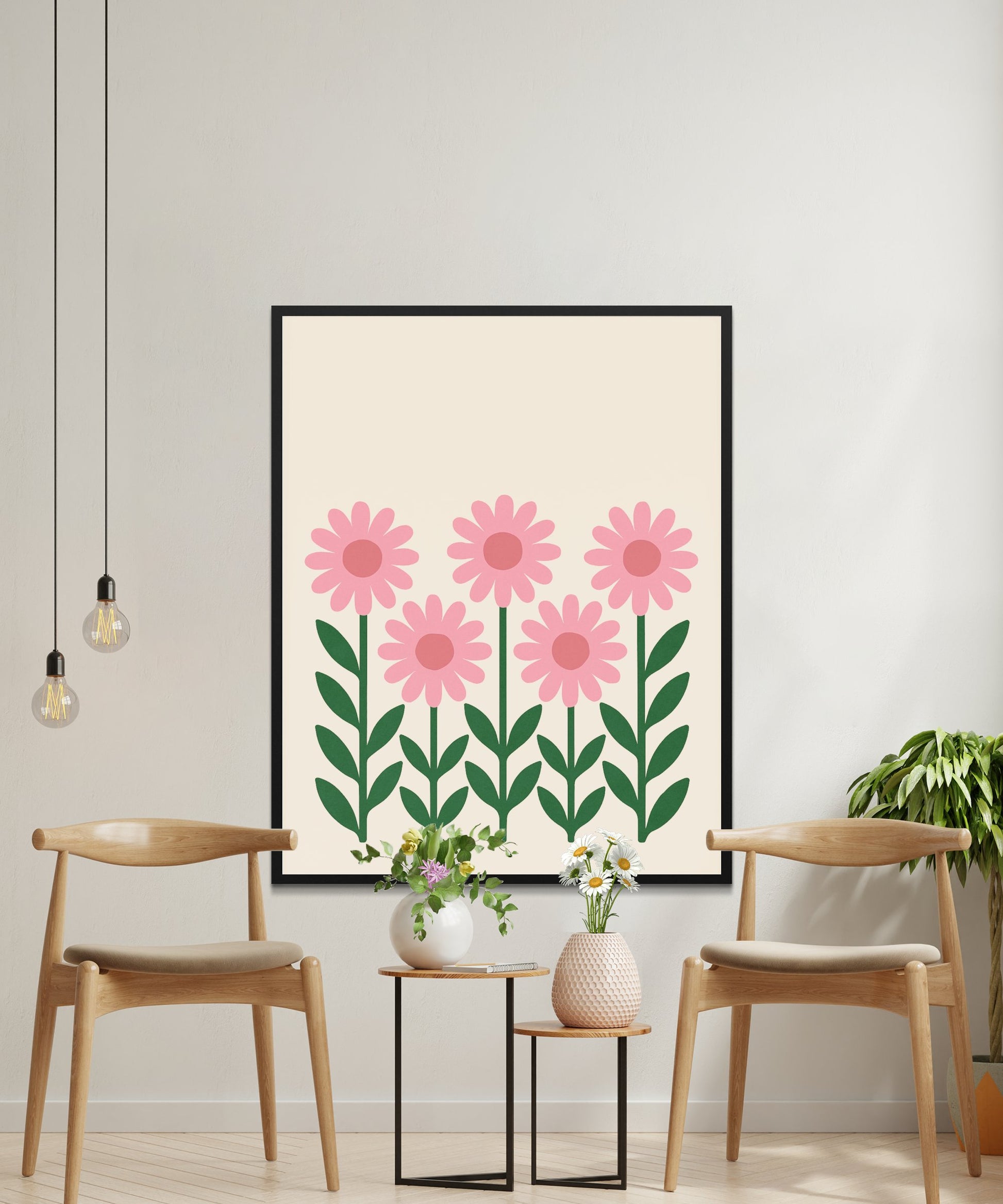 Floral Wall Art Print, Pink Daisy Flowers Poster, Botanical Home Decor, Modern Living Room Illustration