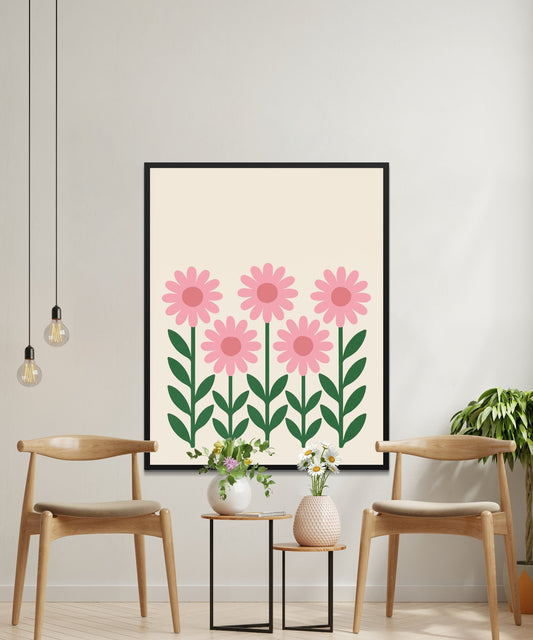 Floral Wall Art Print, Pink Daisy Flowers Poster, Botanical Home Decor, Modern Living Room Illustration
