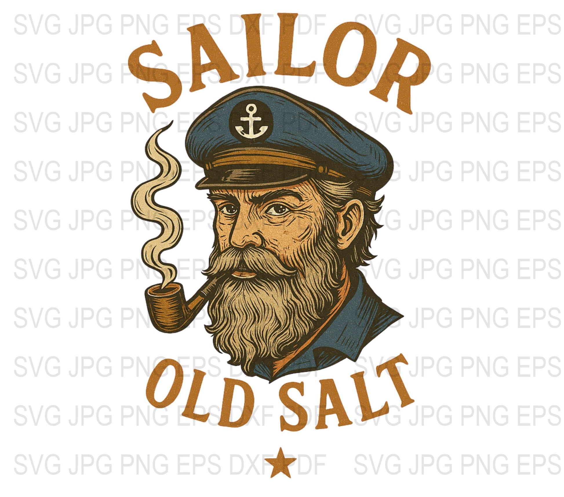 Sailor Old Salt Vintage Style SVG, Nautical Pipe Smoking Captain Graphic, Digital Download JPG, EPS, PNG Files for T-Shirts and Crafts