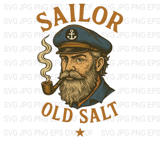 Sailor Old Salt Vintage Style SVG, Nautical Pipe Smoking Captain Graphic, Digital Download JPG, EPS, PNG Files for T-Shirts and Crafts