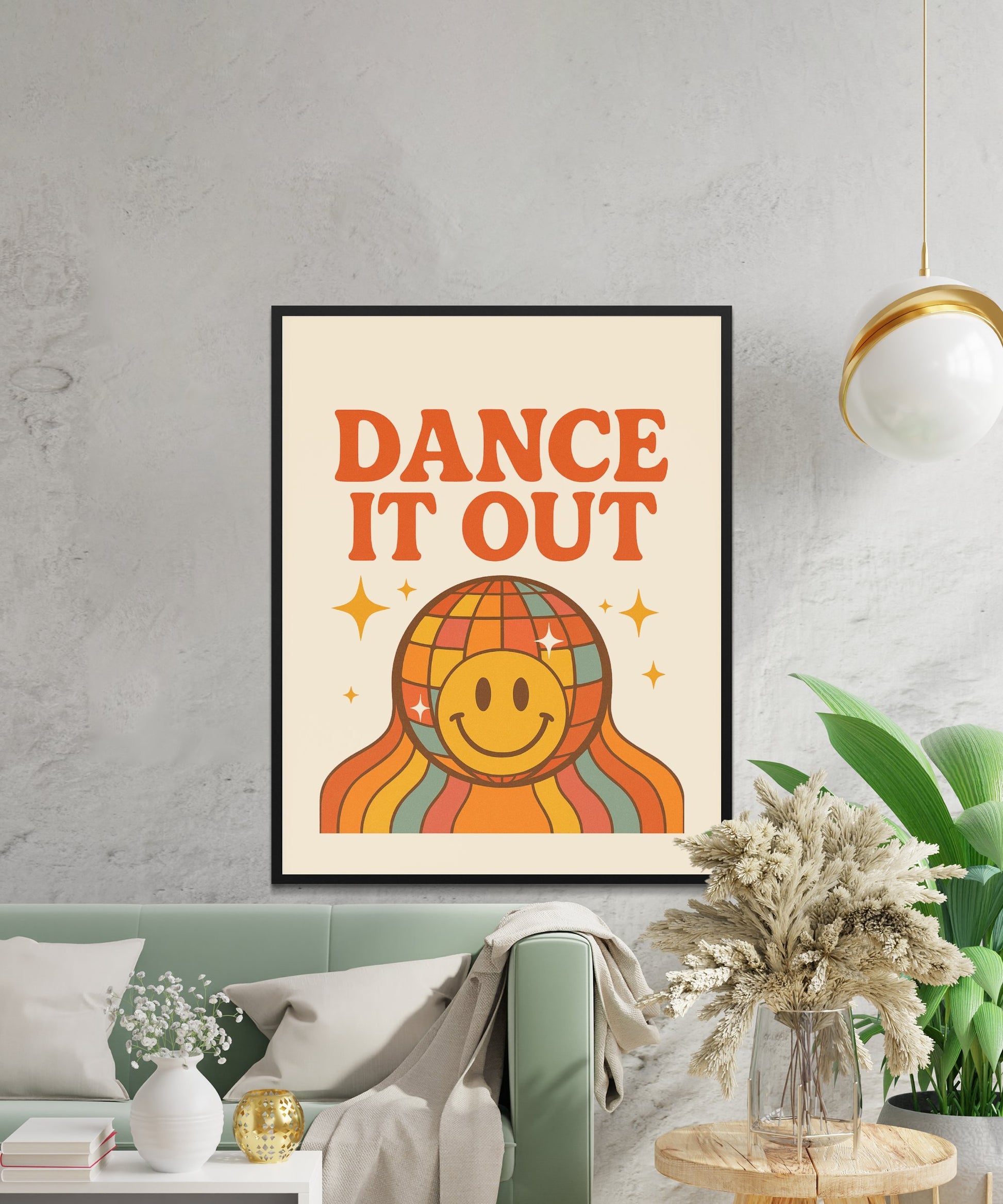 Retro Dance It Out Poster, Smiley Face Disco Ball Print, Vibrant Orange Wall Art, Vintage Style Home Decor