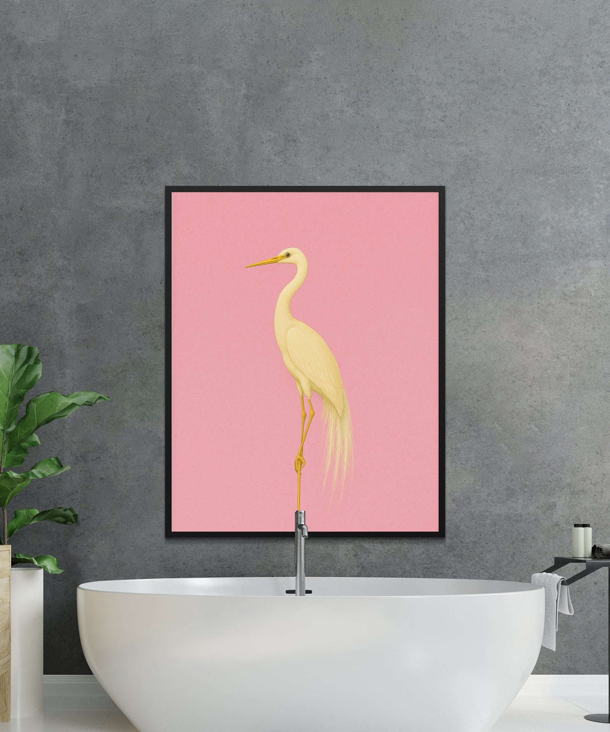 Elegant White Crane Art Print, Minimalist Bird Wall Decor, Pink Background, Modern Home Decor