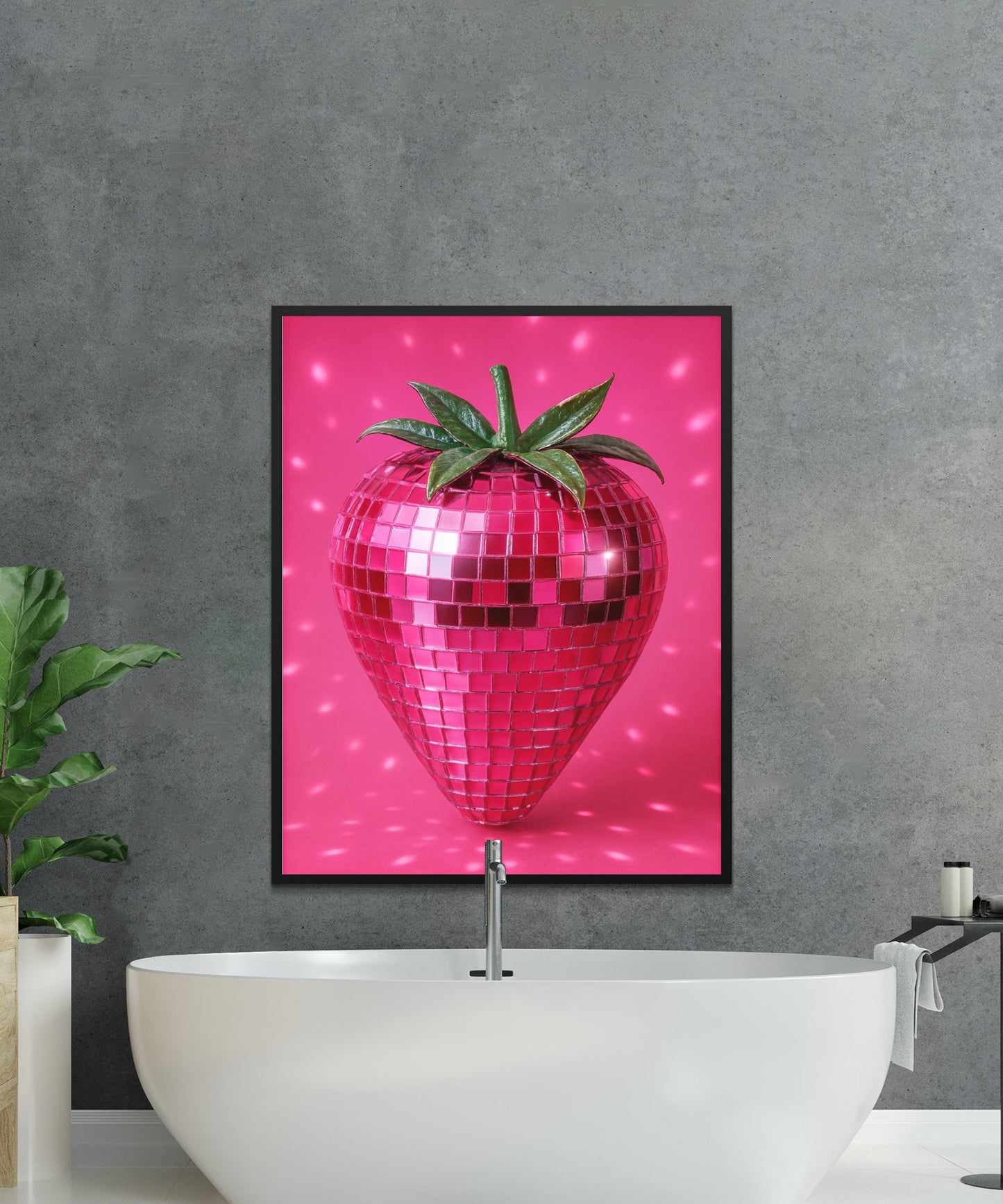 Large Pink Disco Ball Strawberry Poster, Modern Kitchen Art, Vibrant Wall Decor, Unique Dining Room Print, Trendy Home Accessory