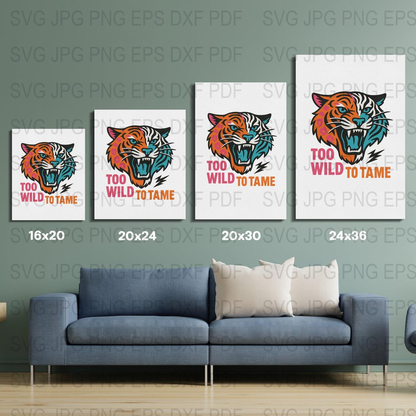 Tiger Wall Art Prints, Too Wild To Tame Slogan, Vibrant Home Decor, Digital Download Sizes svg jpg png