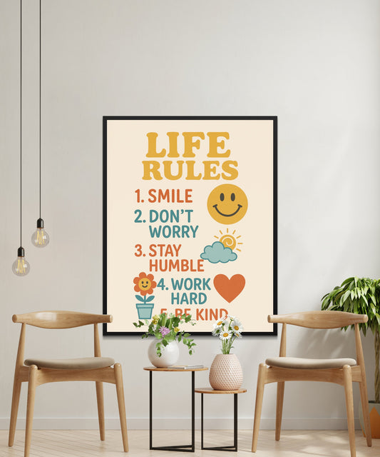Inspirational Quote Wall Art Poster, Motivational Life Rules, Colorful Home Decor, Smile, Don't Worry, Work Hard, Be Kind