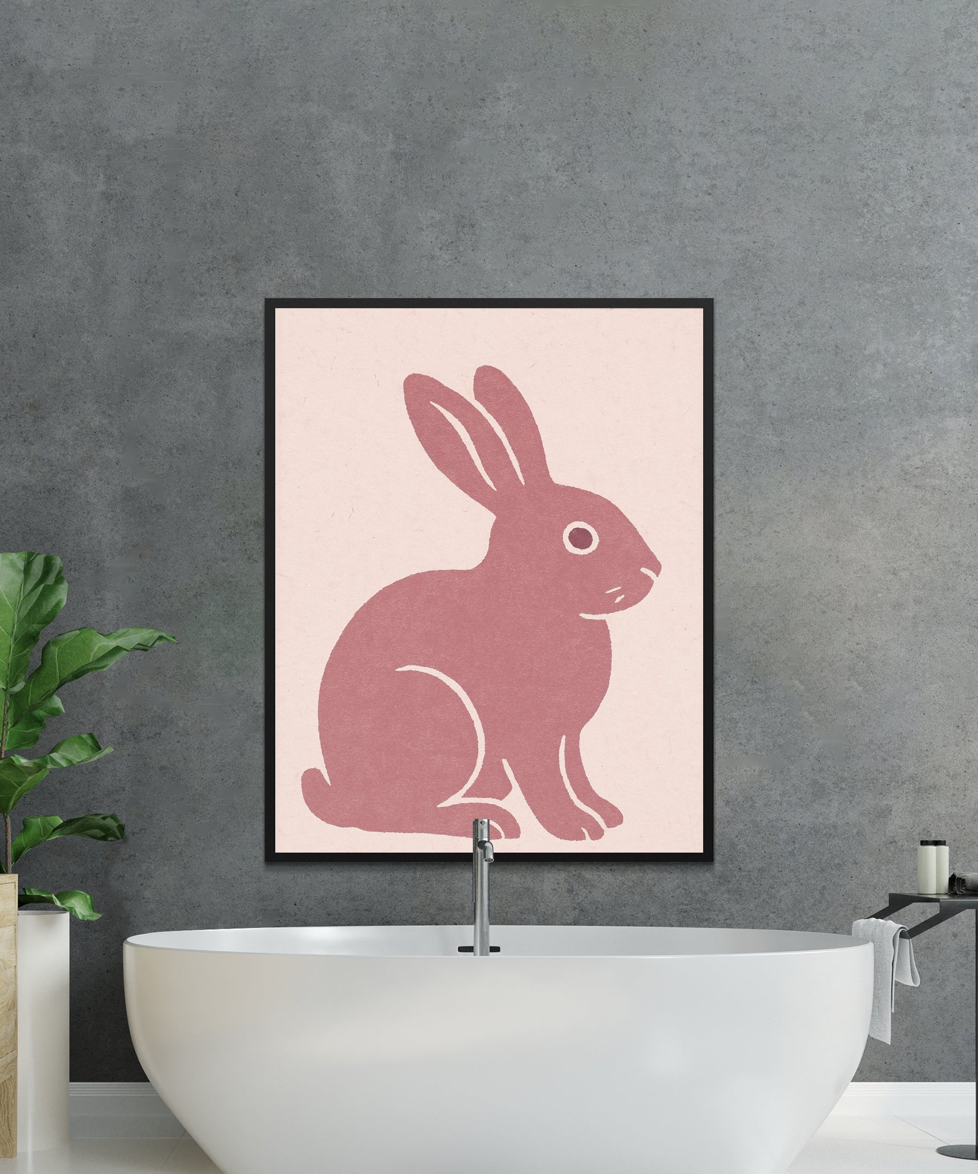 Modern Minimalist Pink Rabbit Art Print, Wall Decor for Nursery or Bathroom, Animal Poster
