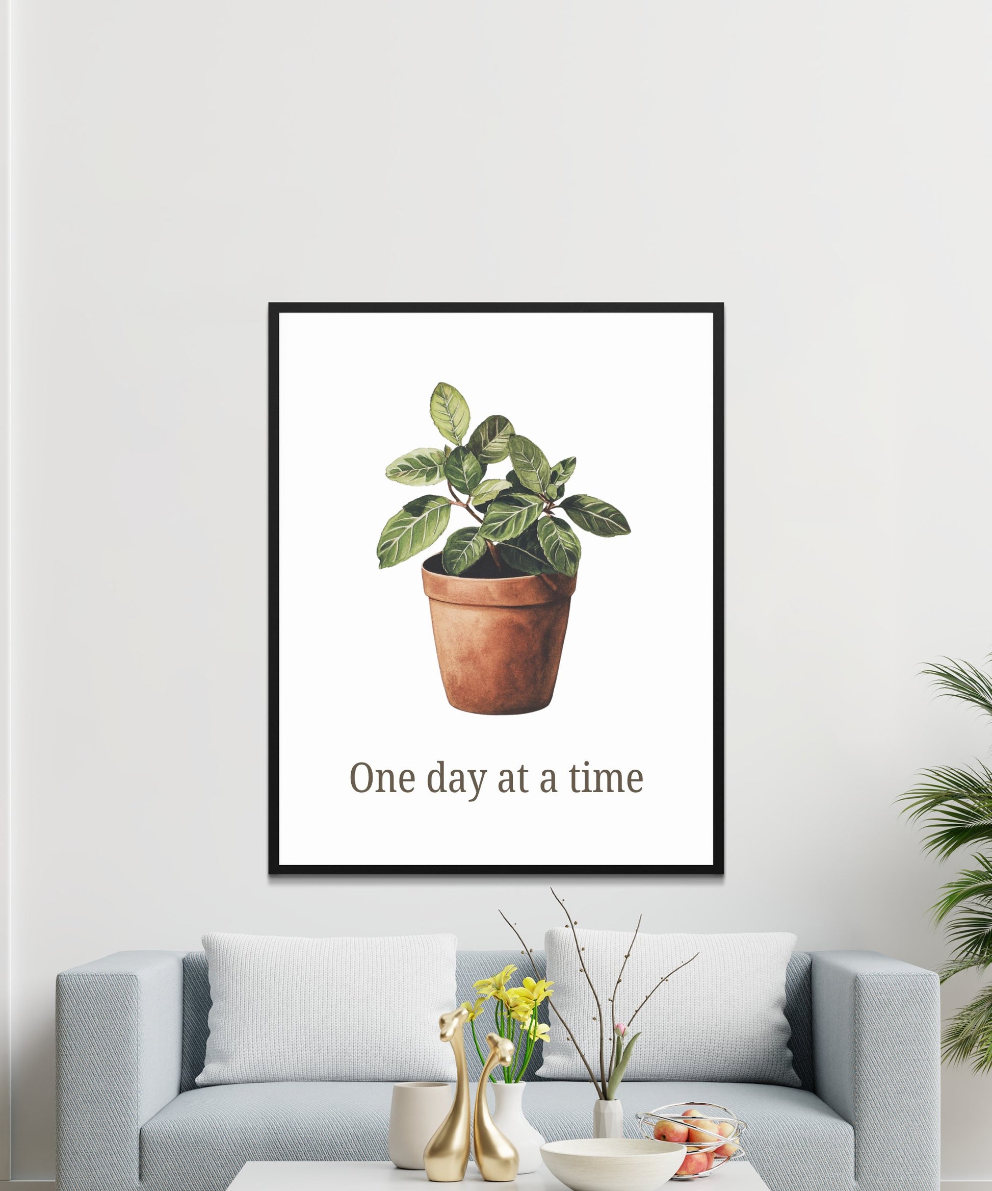 Botanical Art Print, One Day at a Time, Inspirational Quote, Living Room Wall Decor, Minimalist Plant Poster, Modern Home Art
